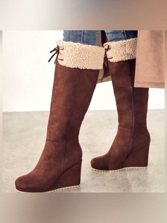 JustFab Shoes - JustFab Cameron Sherpa Wedge Boots Brown Size 8.5 NWOT Cozy Winter